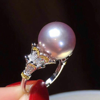 DIY珍珠配件 S925純銀可調節  華麗女珍珠戒指空托 12-13mm正圓珠