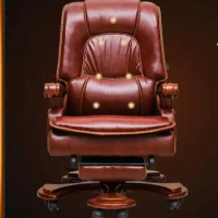 Solid wood study chair reclining boss chair home office chair leather leisure computer chair swivel chair.