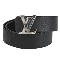 LV M0717U LV Shadow 條紋LOGO壓紋皮革寬版雙面皮帶(黑-90CM)