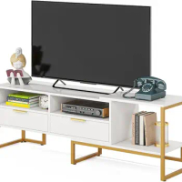 63 Inches TV Stand with 2 Drawers,Media TV Console Table for TVs up to 65 Inches,White and Gold Television Entertainment Centers