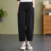 La Belleza素色鬆緊腰抽繩冰絲透氣麻紗薄款哈倫褲休閒寬褲