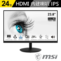 【MSI 微星】PRO MP242A 24型 IPS 100Hz 平面美型商用螢幕(內建喇叭/TUV護眼認證/HDMI/1ms)