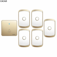CACAZI Home Wireless Doorbell 300M Remote CR2032 Battery Waterproof 1 Transmitter 5 Receiver 60 Ring 0-110DB Chime US EU UK Plug