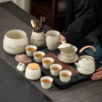 Ru Kiln Gongfu Tea Set for Home Use, Living Room Ceramic Teapot, Gaiwan, Tea Cup Full Set, Office Hi