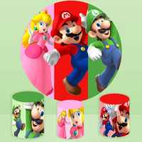 Super Mario Bros Backdrop Round Cover Boys Birthday Party Peach Princess Cylinder Decor Photography Background Elastic Banner