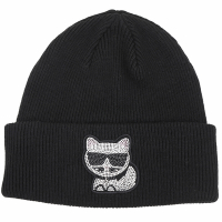 KARL LAGERFELD K/IKONIK CHOUP 貓咪貼鑽羅紋反褶混紡羊毛帽(黑色)