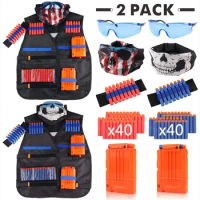 2 Pack Kids Tactical Vest Kit Nerf Guns Series Refill Darts Reload Clips Mask Wrist Band And Protective Glasses Dress Up Toys