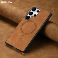 Luxury Leather Phone Case For Samsung Galaxy S24 Ultra S23 Ultra Magneitc Magsafing Cover For Samsung A55 A54 A35 A34 Cases
