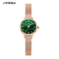 SINOBI Fashion Women Golden Watches 22mDark Green Dial Rose Gold Mesh Strap High-End Sophistication Women Elegant Wristwatches