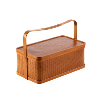 復古食盒 竹製食盒 藤編食盒 復古竹編提籃食盒雙層帶蓋長方形手提茶箱功夫茶具收納盒旅行便攜『JJ2616』