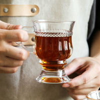 法式復古琥珀色浮雕透明手持小玻璃杯紅酒杯ins風飲料杯奶茶杯子