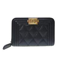 【CHANEL 香奈兒】A80602 經典BOY系列金釦菱格紋ㄇ字拉鍊零錢包/短夾(黑色)
