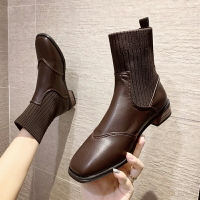 切爾西中筒短靴女2021年秋冬新款方頭棕色馬丁靴粗跟氣質瘦瘦襪靴