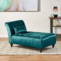 Modern Glam Tufted Velvet Chaise Lounge with Scrolled Backrest,Dark Teal and Brown 54.5D x 28.5W x 30.25H in living room Lounges