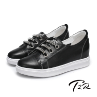 T2R-正韓空運-水鑽真皮帆布鞋小白鞋隱形增高鞋-增高6公分-黑