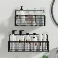 No-drill Wall-mounted Storage Rack For Bathroom Washroom Dormitory Bedside Wall-sticking Bookshelf Iron Material Storage Basket