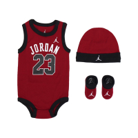 Nike 包屁衣 Jordan 紅 黑 喬丹 帽子 襪子 無袖 0-1歲 新生兒 嬰兒 童裝 JD2133035NB-005