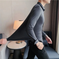 kemeja cowok keren dewasa lengan panjang Lycra shirt slim fit polos bahan elastis
