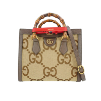Gucci 古馳 Diana 帆布拚牛皮竹節手提二用包(660195-咖)