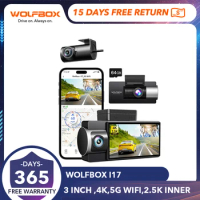 WOLFBOX 4K 3 Lens Dash Camera 3 Cameras Dashcam 5G Wifi Car DVR App Control Car Cam Recorder Front/Cabin/Rear GPS Night Vision