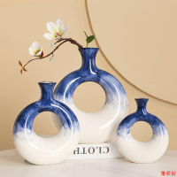 免運 公司貨 附發票 花瓶 陶瓷花瓶 花器 插花花瓶 圓圈輕奢藍色漸變色花瓶干花插花客廳擺件家居陶瓷花瓶高檔裝飾品
