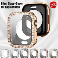 Bling Glass+Cover for Apple Watch Case 49mm 45mm 41mm 40mm 44mm Diamond Bumper+Screen Protector Iwatch Series Ultra 8 7 6 5 SE 4