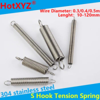 304 Stainless Steel S Hook Cylindroid Helical Coil Pullback Extension Tension Spring Wire Diameter 0.3mm 0.4mm 0.5mm