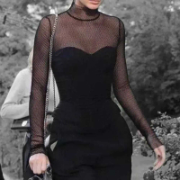 Rỗng ra Màu đen Goth Lưới thép Lưới cá Gothic Áo blouse Tops quần áo phụ nữ Áo sơ mi