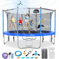 10/12/14/15/16FT Trampoline Outdoor, Large Kids Trampoline with Light, Stakes, Sprinkler, Backyard Trampoline with Bask