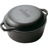 Lodge Cast Iron 5 Quart Seasoned Double Dutch Oven， Camping Cooking,USA