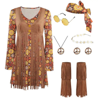 R 70S Hippie Dress คอสเพลย์ Hippy เครื่องแต่งกายผู้หญิง Vintage Disco ชุดแว่นตาต่างหู Headgear ชุดชุ