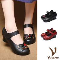 【Vecchio】真皮跟鞋 粗跟單鞋/真皮復古中國風結釦造型粗跟單鞋(2色任選)