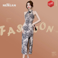 Newlan QZ137 Cheongsam dress women's Chinese Feng Shui ink medium length skirt new sexy neck skirt i