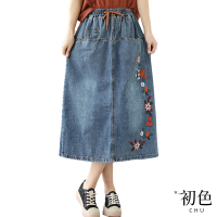 【初色】復古民族風刺繡牛仔長裙-藍色-67696(M-2XL可選)