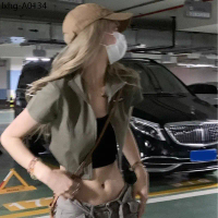 Solovely เสื้อเชิ้ตผู้หญิง สไตล์เกาหลี แขนสั้น เสื้อครอป ปกโปโล ซิป เสื้อแจ็คเก็ต