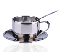 包郵雙層不銹鋼歐式咖啡杯連碟帶勺子套裝創意茶杯帶把咖啡杯子