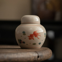 免運 茶具系列 復古陶瓷茶葉罐陶 瓷蓋密封罐彩繪小魚茶罐 茶倉儲物罐小號