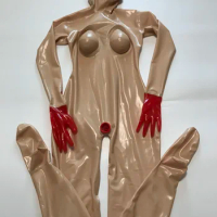 Latexshine Flesh Latex Full Body Catsuit Silicone Breast Forms Poeckt Mouth Condom with Back Zip