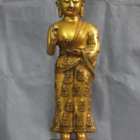 22" Buddhism Bronze Gild Stand Lotus tathagata Shakyamuni Buddha Statue