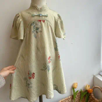 New Chinese Style Girl's Dress Summer New Children Button Up Cheongsam Skirt