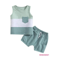 MGG-ba-men's กางเกงขาสั้นฤดูร้อน ชุดเย็บปะติดปะต่อกันแขนกุด ล้างคอ เสื้อกล้าม กางเกงขาสั้นทึบ กระเป๋