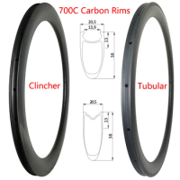 700C Road Bike Carbon Rims V Brake Dsic Brake Clincher Tubular Road Carbon Rims 20.5mm Width Carbon Rims UD 3K 12K Carbon