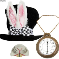 Women Men White Rabbit Cosplay Costume Top Hat Bunny Ears Nose and Clock Fancy Dress Costume Outfit Accessory