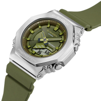 【CASIO 卡西歐】G-SHOCK 時尚經典八角型 金屬錶殼雙顯錶-銀綠(GM-S2100-3A)