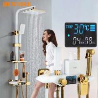 Bathroom Shower Faucet White Gold Digital Bathroom Shower Mixer Set Luxury Thermostatic Shower System Rainfall Shower Head