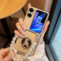 Bear Holder Stand Pearl Bracelet Chain Phone Case For OPPO Find N2 Flip n2flip Folding Leather Phone Cover