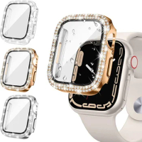 Diamond+Tempered Film Case For Apple Watch Case 45mm 44mm 40mm 41mm Glass Protective Cover For iWatch Series 9 8 7 6 5 SE Shell