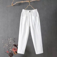 Women Loose Casual Pocket Cotton Linen Long Straight Pants Cropped Harlan Pants
