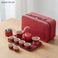 Handmade Red Ceramic Teapot and Cup Set Chinese Wedding Tea Set with Tea Tray Suit Household Tea Ceremony Set Custom Gifts