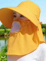 防曬帽女2024新款夏季采茶遮臉護頸涼帽遮陽帽黃色帽子披肩帽農活